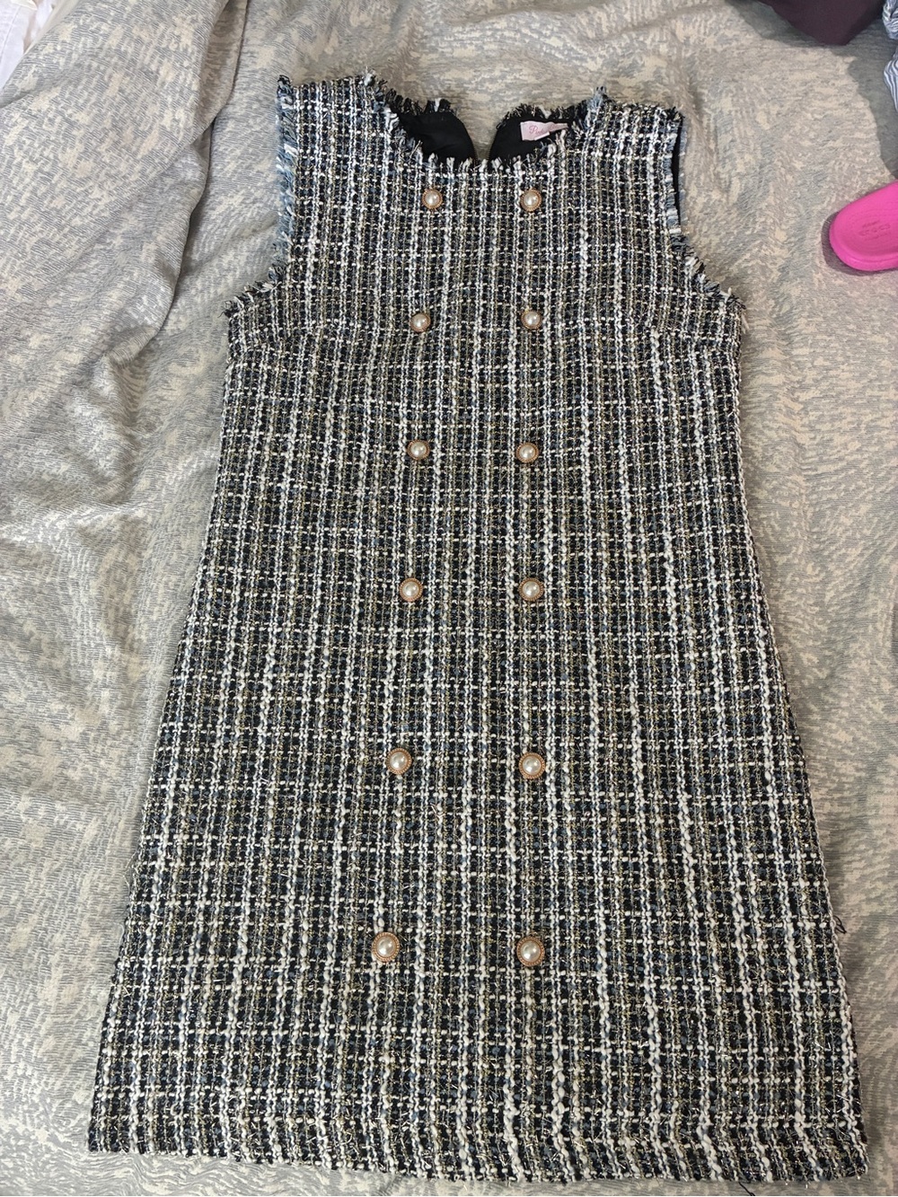 Pink Lily Black & White Tweed Pearl-Button Mini Dress